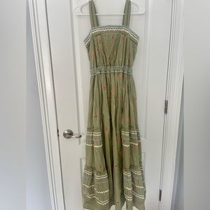 Roller rabbit green maxi dress with shrimp, cocktail, fruit embroidery